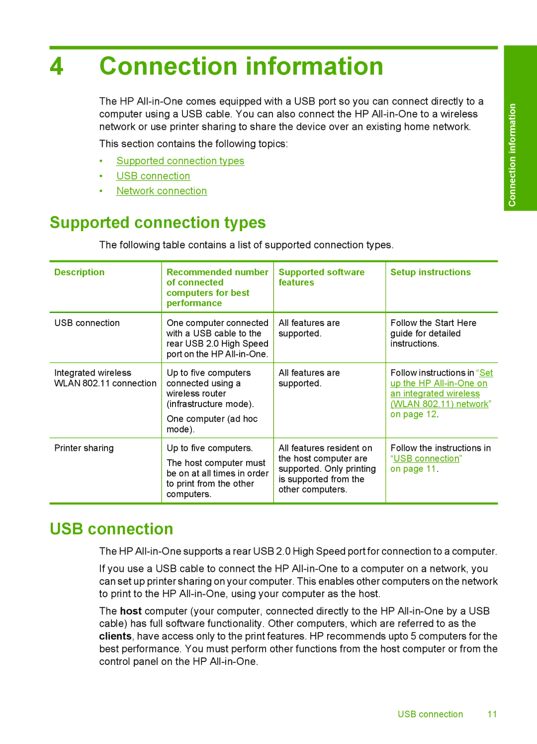 HP C4580, C4599 manual Connection information, Supported connection types, USB connection 