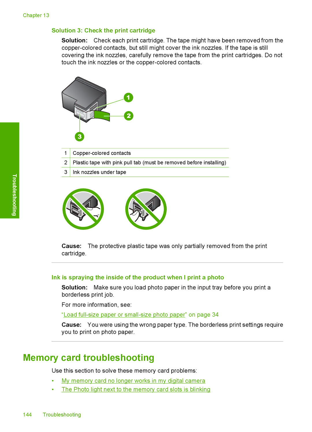 HP C4599, C4580 manual Memory card troubleshooting, Solution 3 Check the print cartridge 