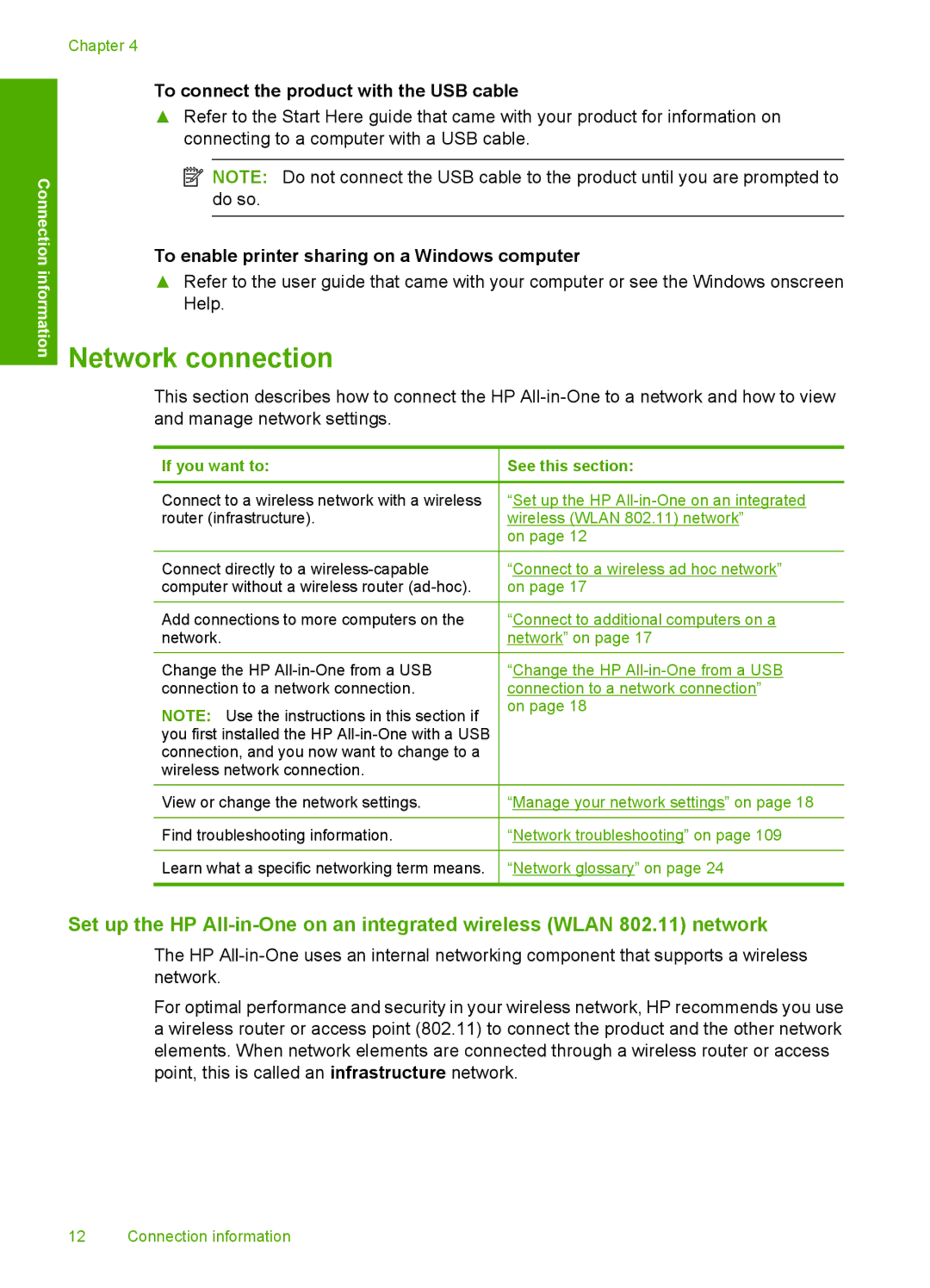 HP C4599 Network connection, To connect the product with the USB cable, To enable printer sharing on a Windows computer 