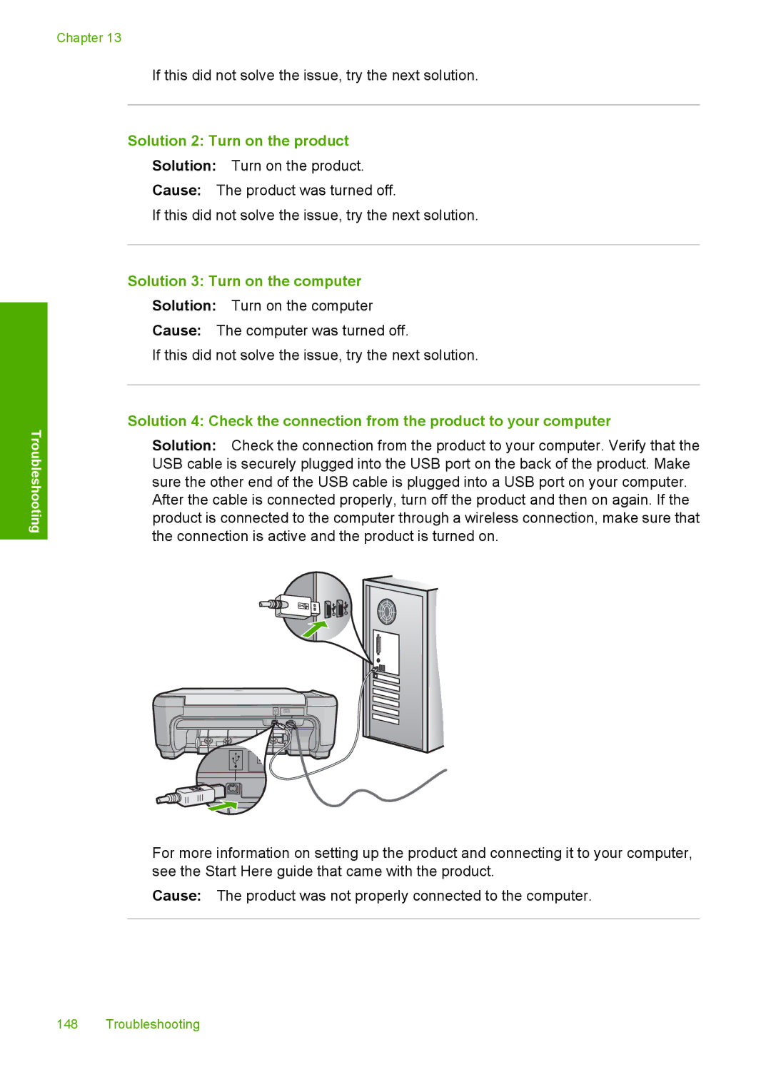 HP C4599, C4580 manual Solution 2 Turn on the product, Solution 3 Turn on the computer 