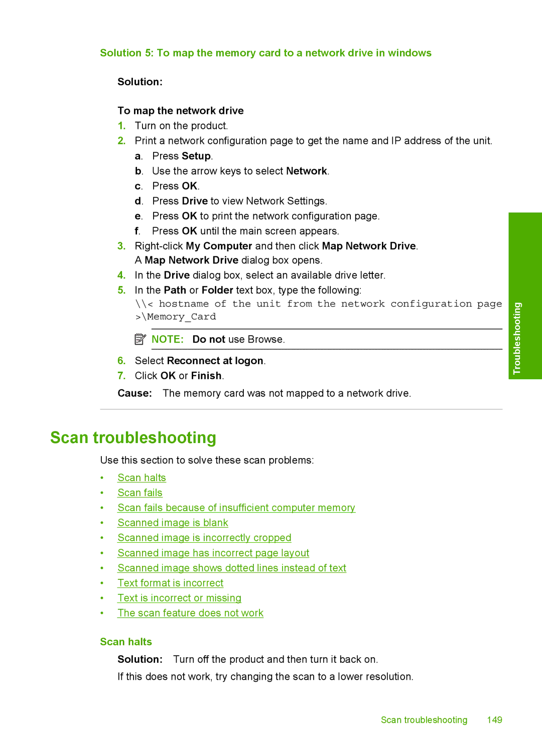 HP C4580, C4599 manual Scan troubleshooting, Solution To map the network drive, Select Reconnect at logon, Scan halts 