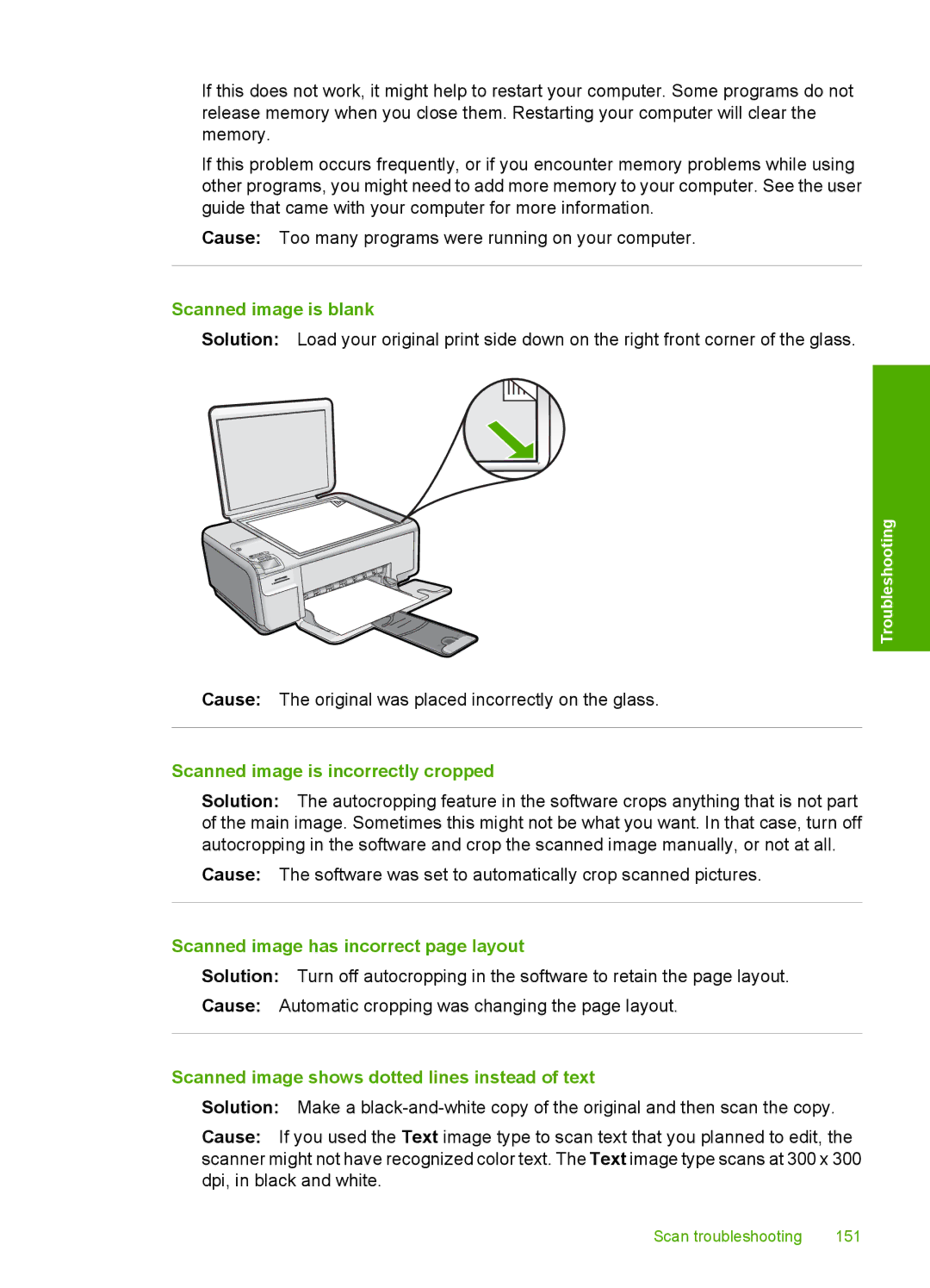 HP C4580, C4599 manual Scanned image is blank, Scanned image is incorrectly cropped, Scanned image has incorrect page layout 