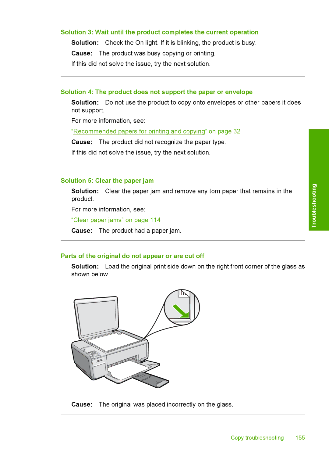 HP C4580, C4599 manual Solution 5 Clear the paper jam, Parts of the original do not appear or are cut off 