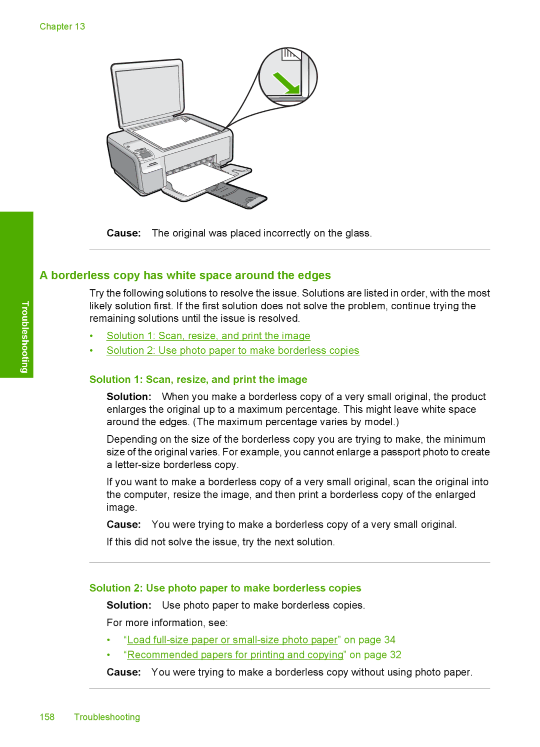 HP C4599, C4580 manual Borderless copy has white space around the edges, Solution 1 Scan, resize, and print the image 