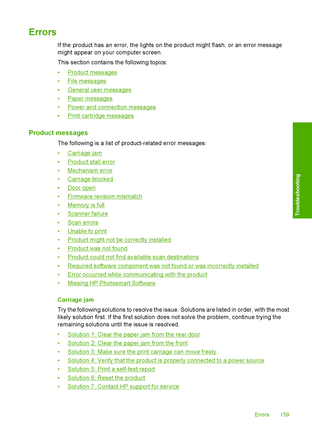 HP C4580, C4599 manual Errors, Product messages, Carriage jam 