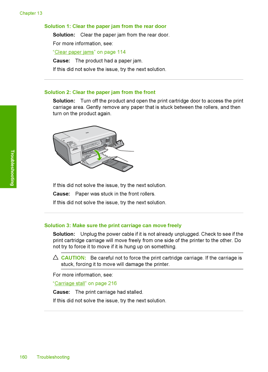 HP C4599, C4580 manual Solution 1 Clear the paper jam from the rear door, Solution 2 Clear the paper jam from the front 