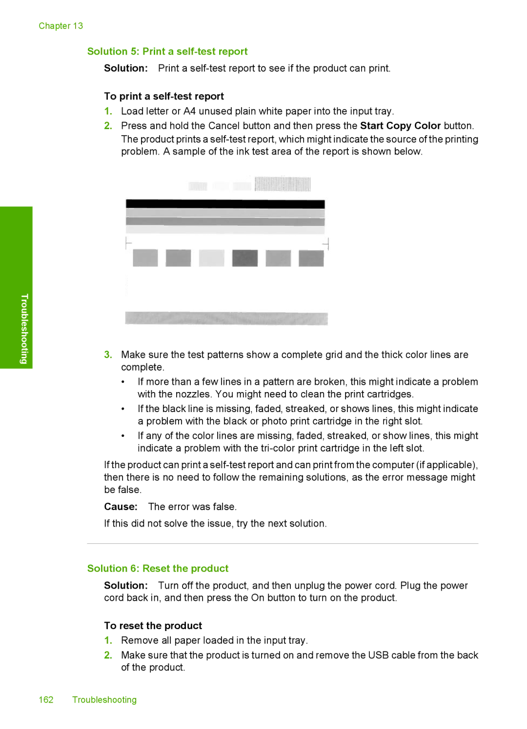 HP C4599, C4580 manual Solution 5 Print a self-test report, Solution 6 Reset the product, To reset the product 