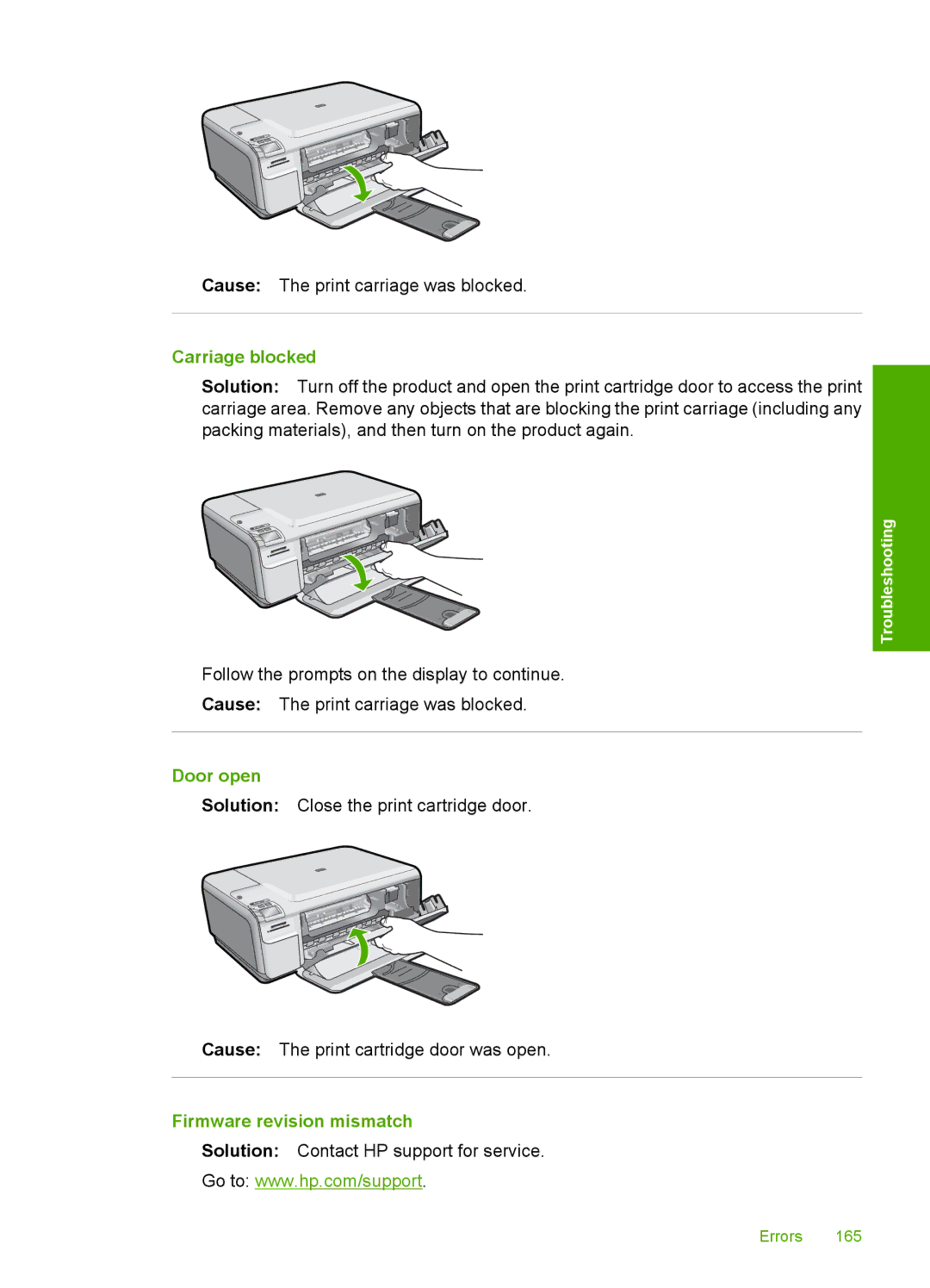 HP C4580, C4599 manual Carriage blocked, Door open, Firmware revision mismatch 