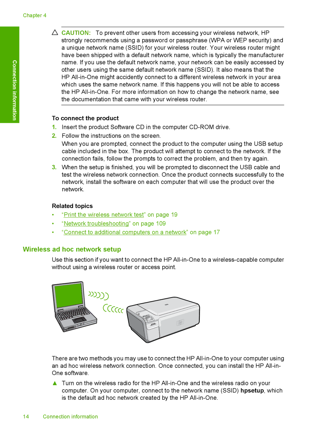 HP C4599, C4580 manual Wireless ad hoc network setup, To connect the product, Related topics 