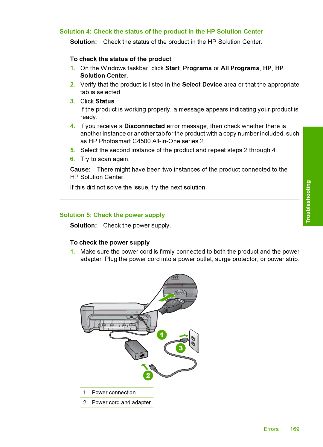 HP C4580, C4599 manual To check the status of the product, Solution 5 Check the power supply, To check the power supply 