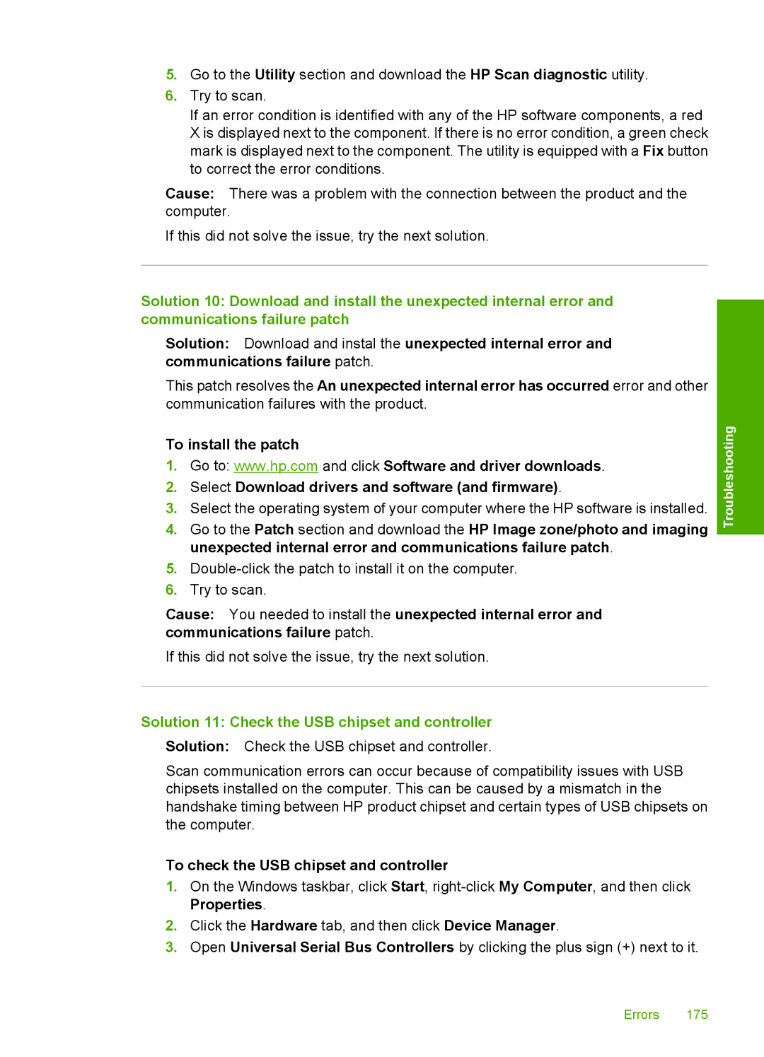 HP C4580, C4599 manual Solution 11 Check the USB chipset and controller, To check the USB chipset and controller 