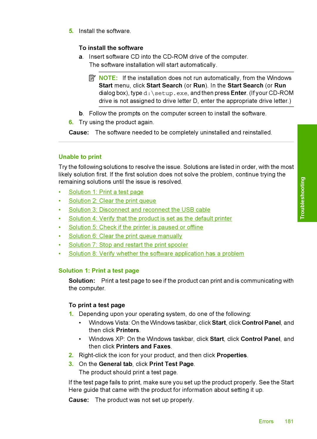 HP C4580, C4599 manual Unable to print, Solution 1 Print a test, To print a test 