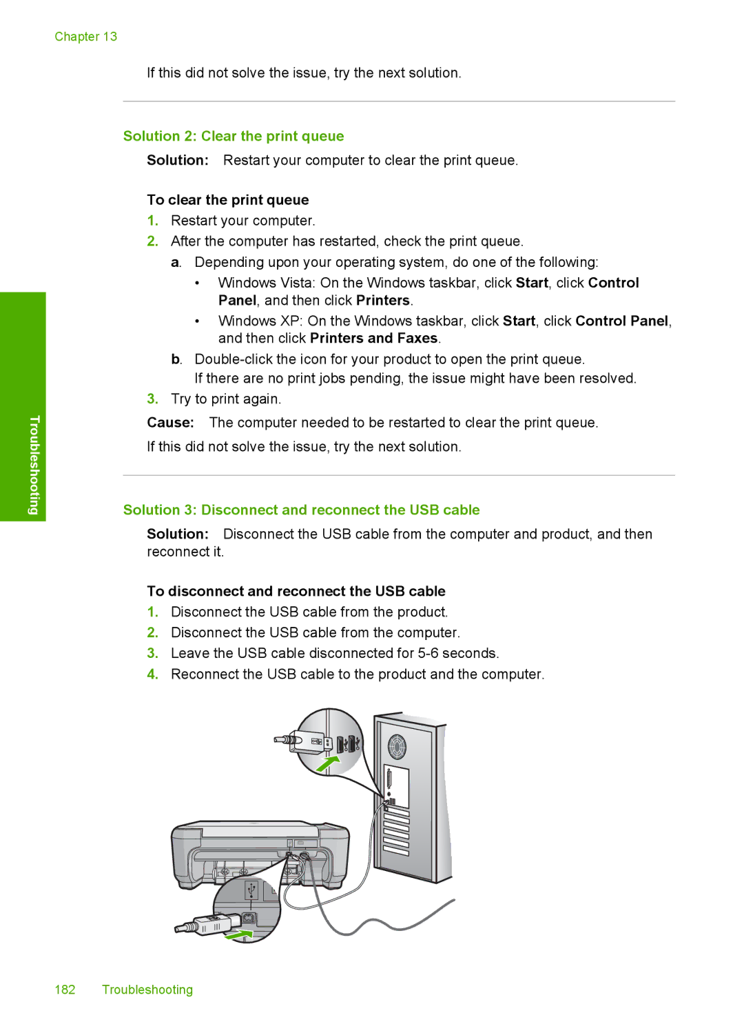 HP C4599 Solution 2 Clear the print queue, To clear the print queue, Solution 3 Disconnect and reconnect the USB cable 