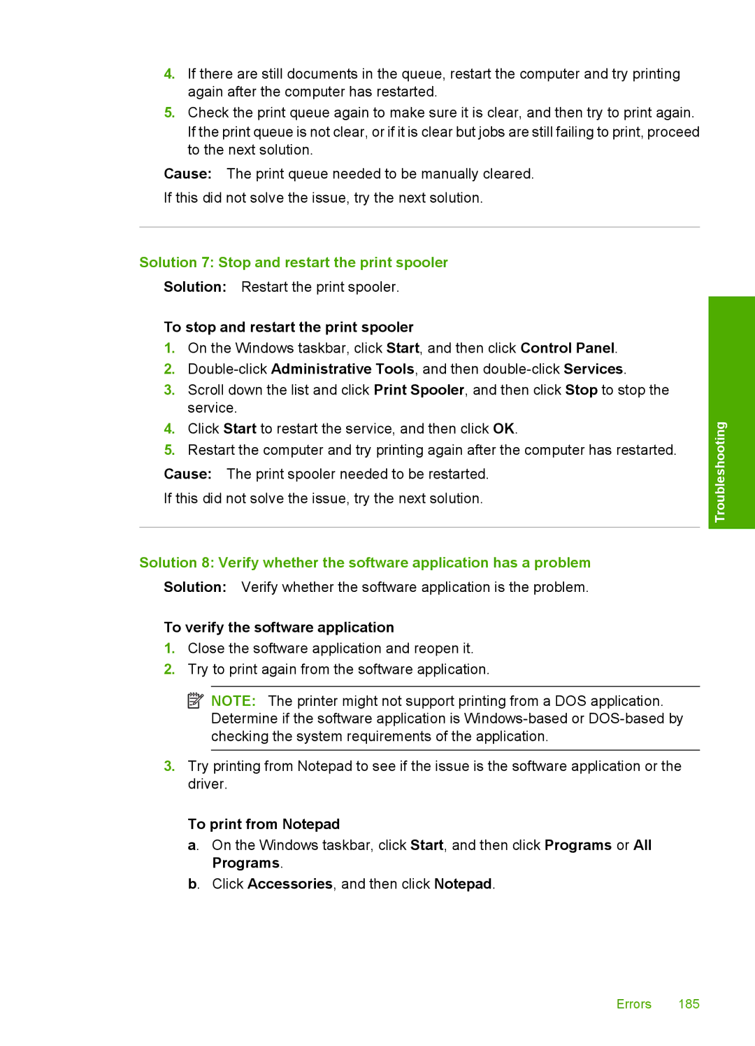 HP C4580 manual Solution 7 Stop and restart the print spooler, To stop and restart the print spooler, To print from Notepad 