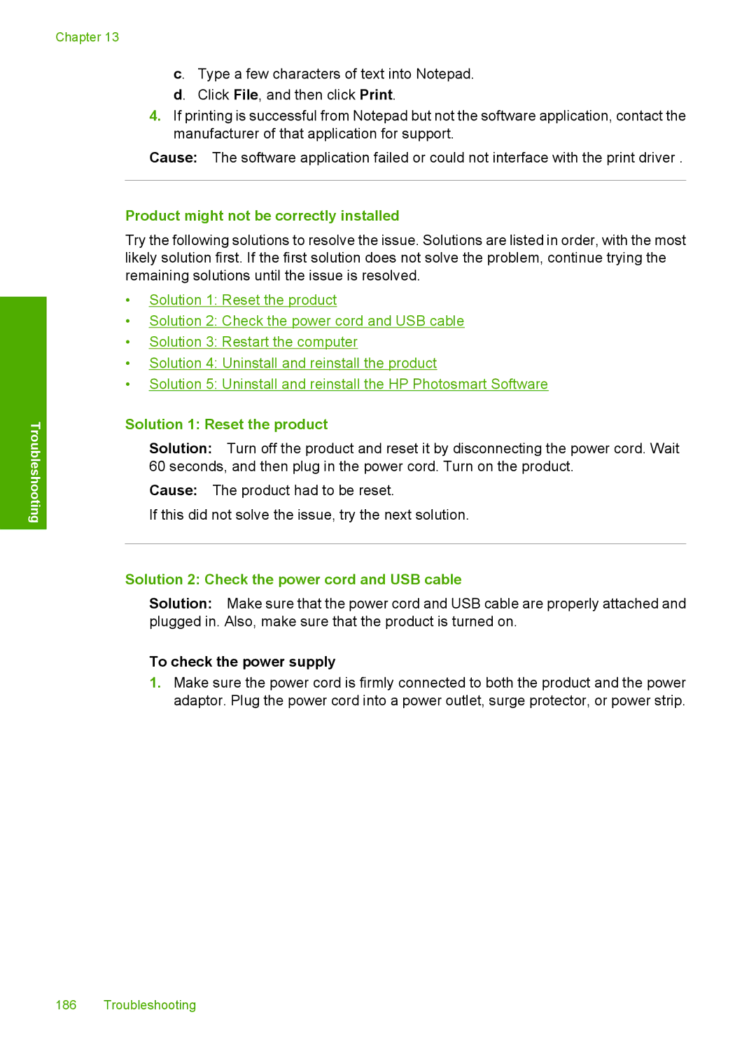 HP C4599, C4580 manual Product might not be correctly installed, Solution 2 Check the power cord and USB cable 