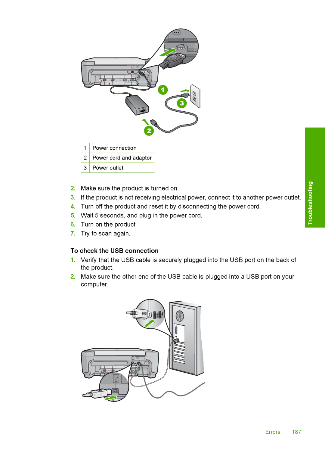 HP C4580, C4599 manual To check the USB connection 