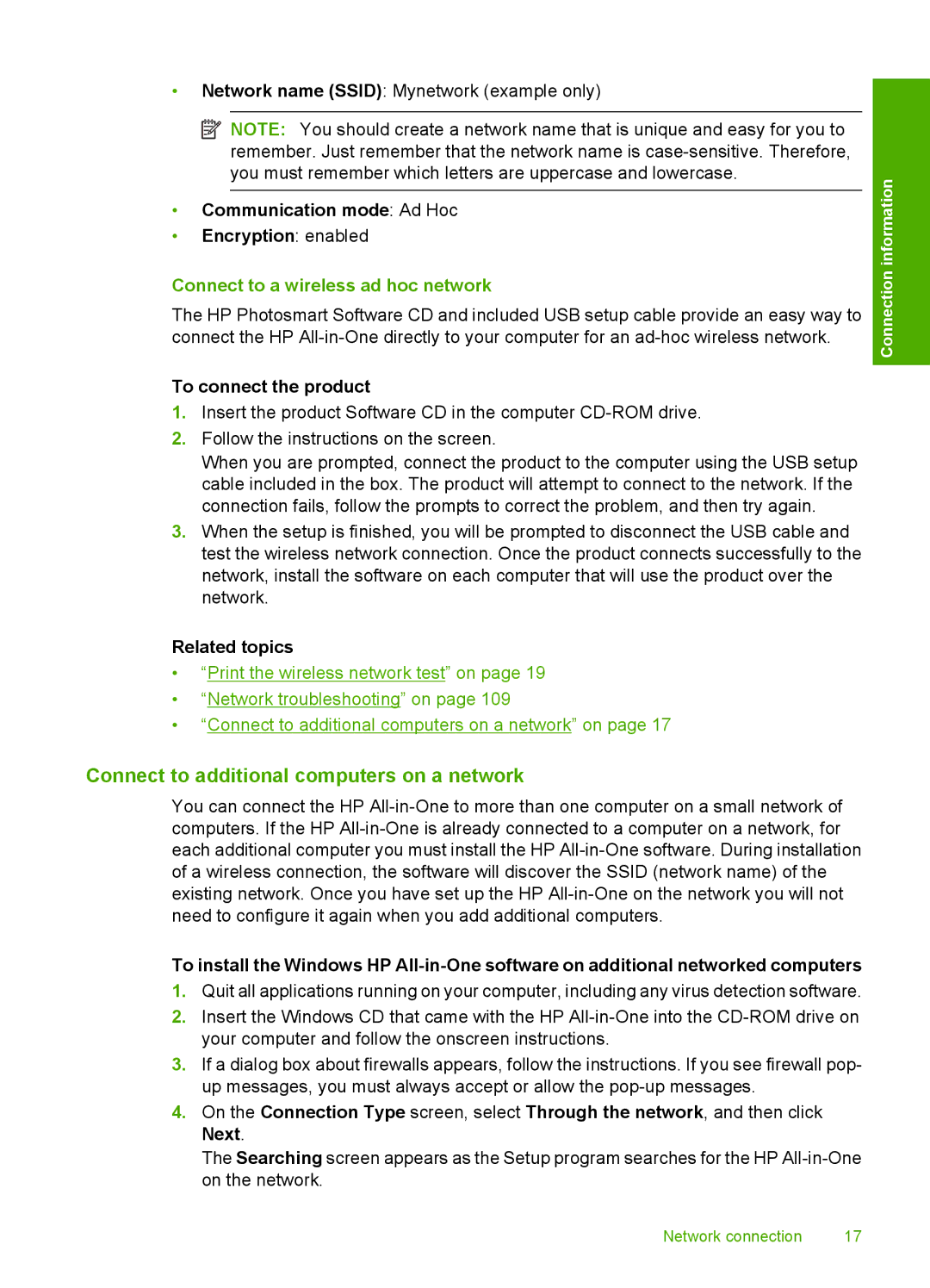 HP C4580, C4599 manual Connect to additional computers on a network, Communication mode Ad Hoc Encryption enabled 