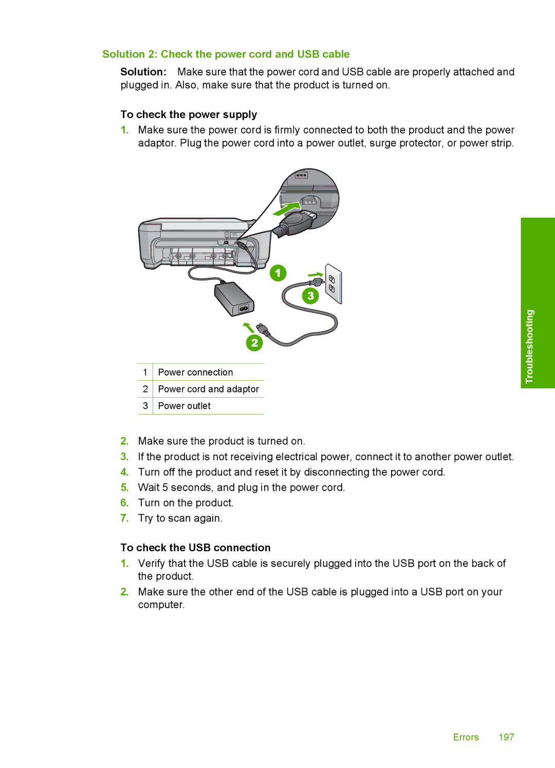 HP C4580, C4599 manual Solution 2 Check the power cord and USB cable 