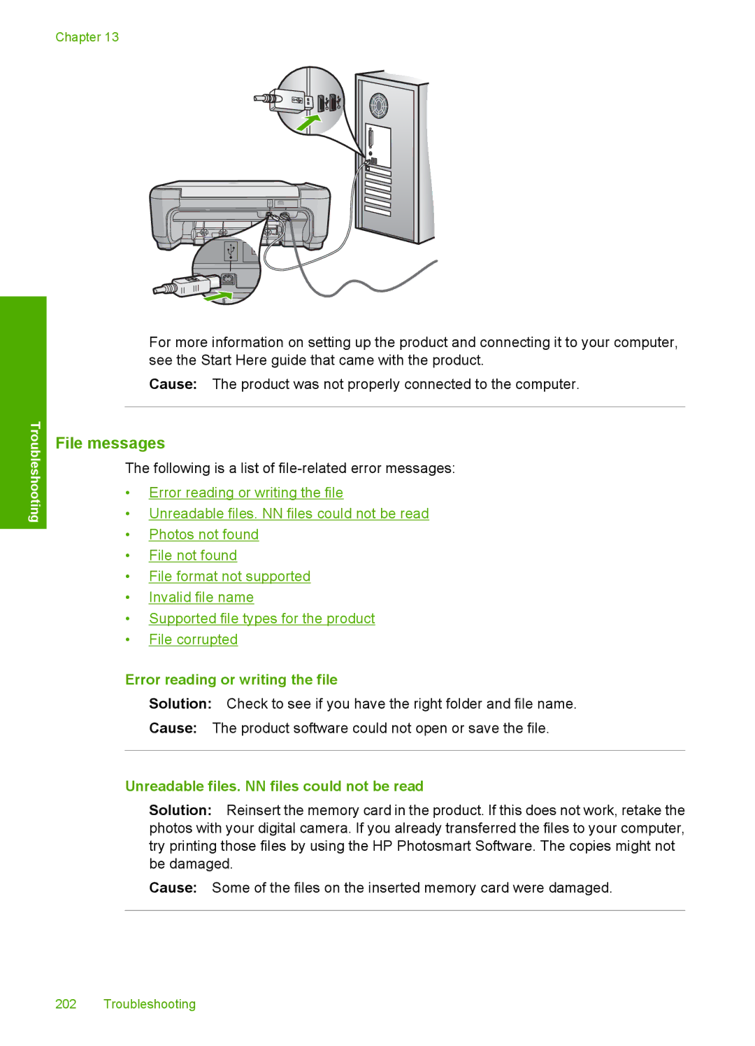 HP C4599, C4580 manual File messages, Error reading or writing the file, Unreadable files. NN files could not be read 