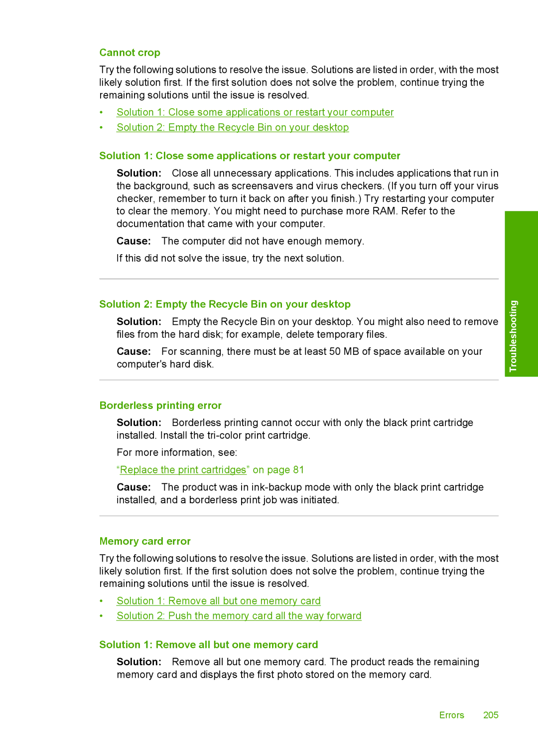 HP C4580, C4599 manual Cannot crop, Solution 1 Close some applications or restart your computer, Borderless printing error 