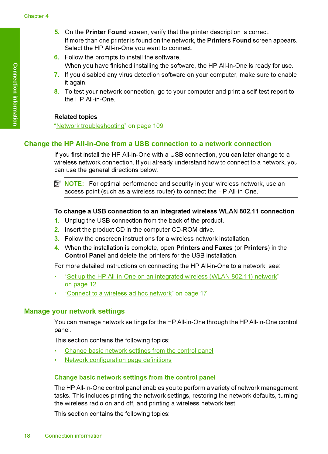 HP C4599, C4580 manual Manage your network settings, Change basic network settings from the control panel 