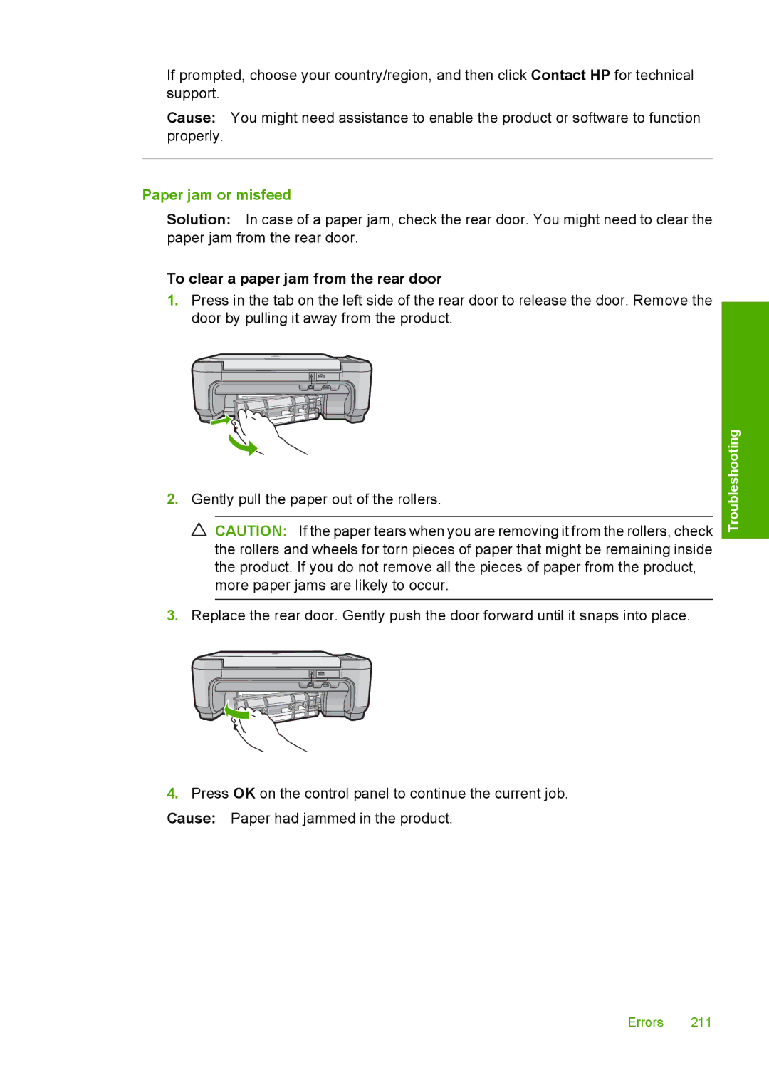 HP C4580, C4599 manual Paper jam or misfeed, To clear a paper jam from the rear door 