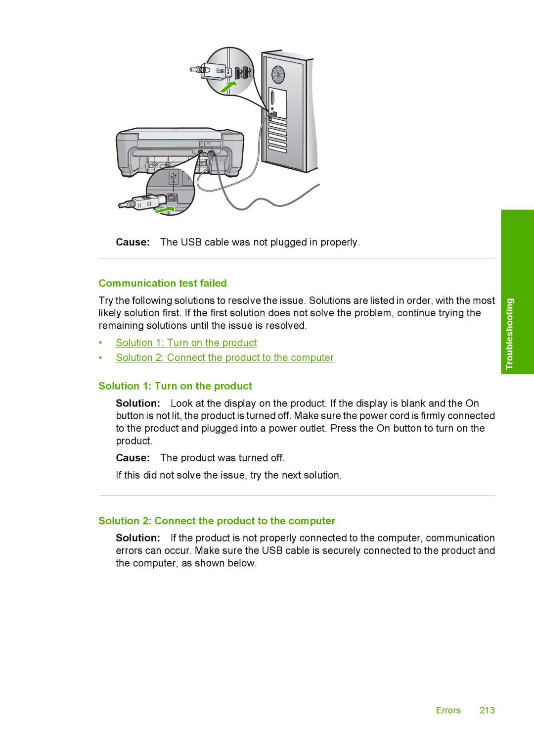 HP C4580, C4599 manual Communication test failed, Solution 2 Connect the product to the computer 