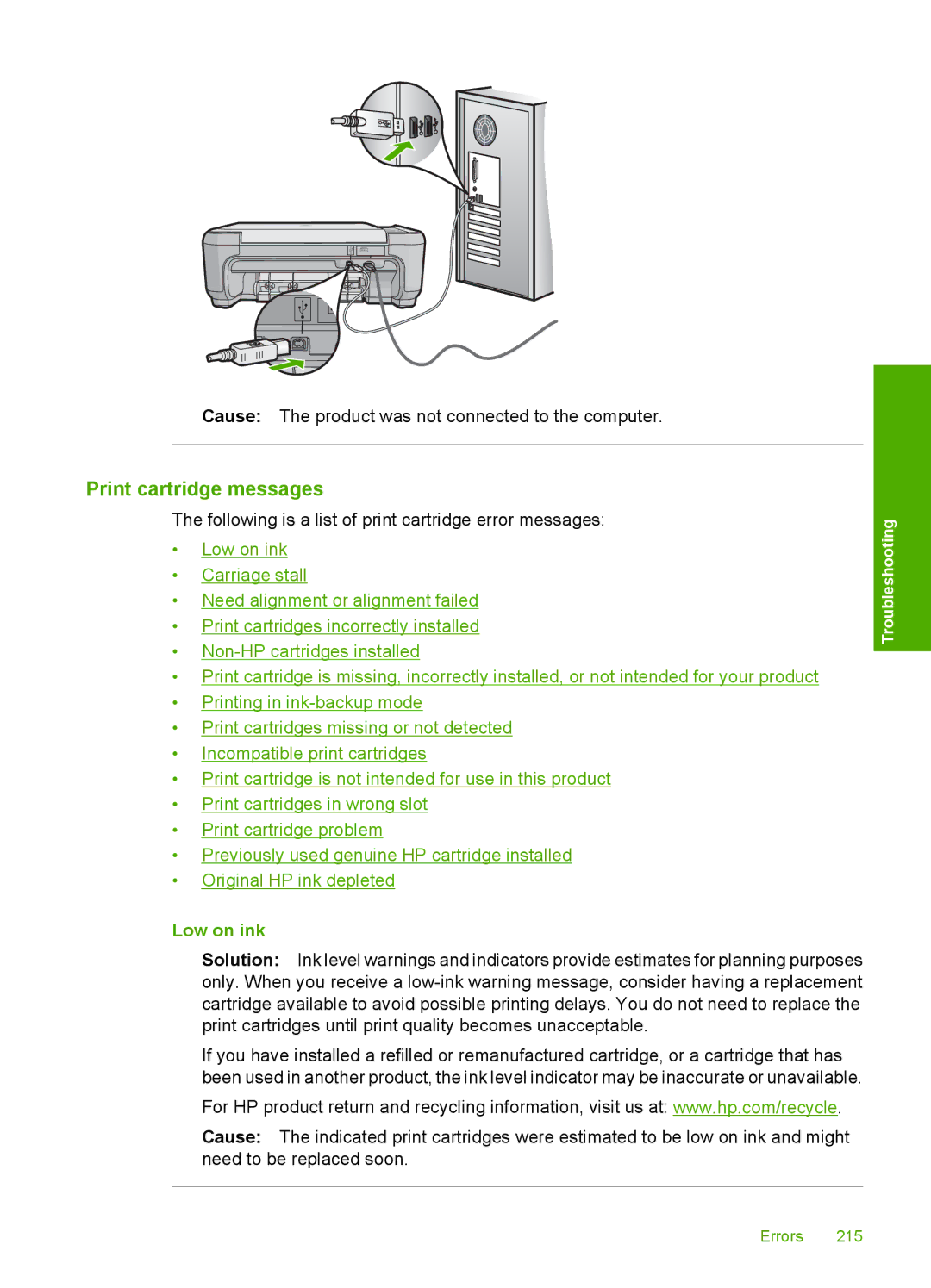 HP C4580, C4599 manual Print cartridge messages, Low on ink 