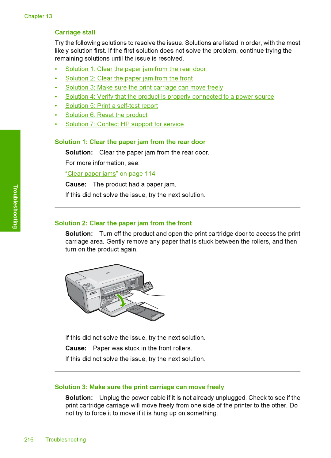 HP C4599, C4580 manual Carriage stall, Solution 1 Clear the paper jam from the rear door 