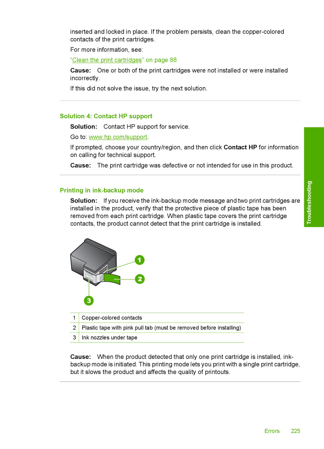 HP C4580, C4599 manual Solution 4 Contact HP support, Printing in ink-backup mode 