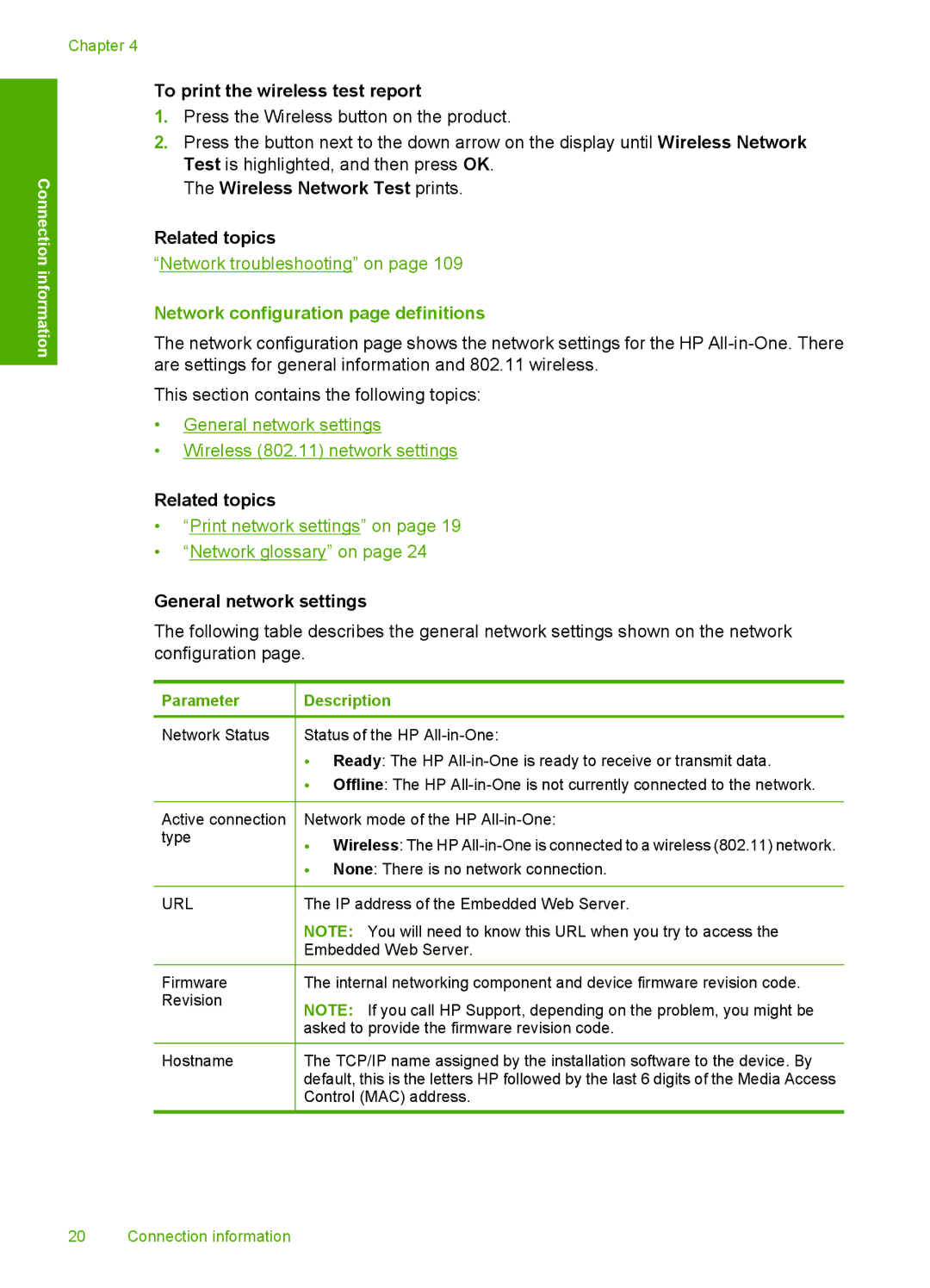 HP C4599, C4580 To print the wireless test report, Wireless Network Test prints Related topics, General network settings 