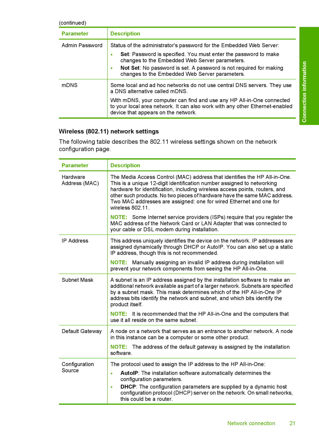 HP C4580, C4599 manual Wireless 802.11 network settings 