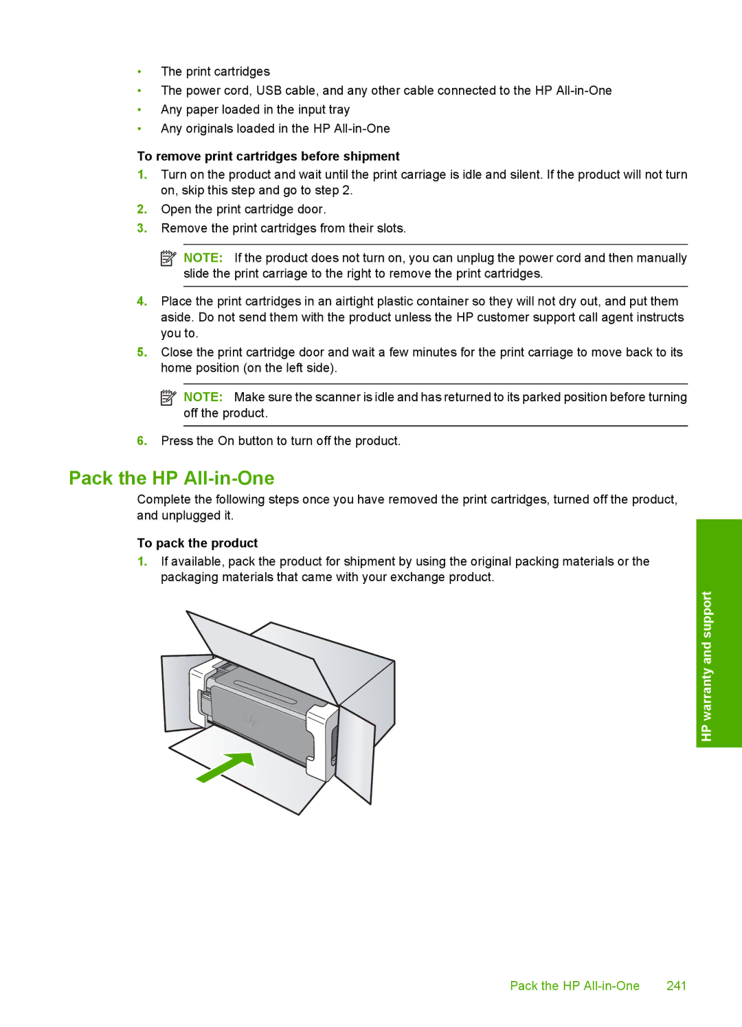 HP C4580, C4599 manual Pack the HP All-in-One 