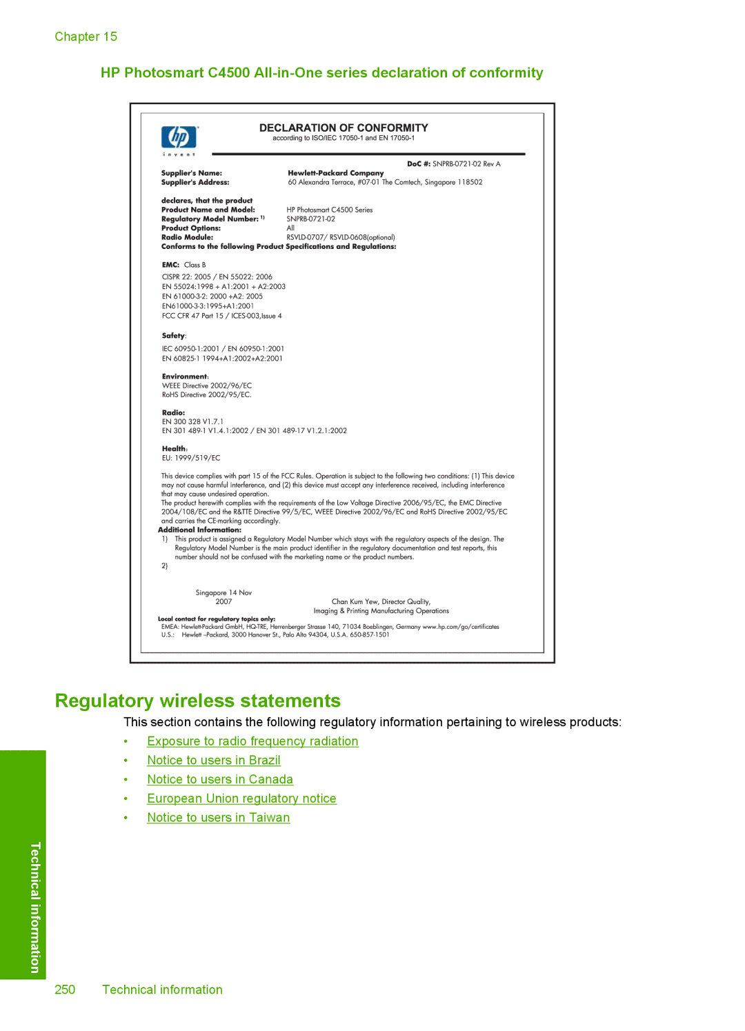 HP C4599, C4580 manual Regulatory wireless statements 