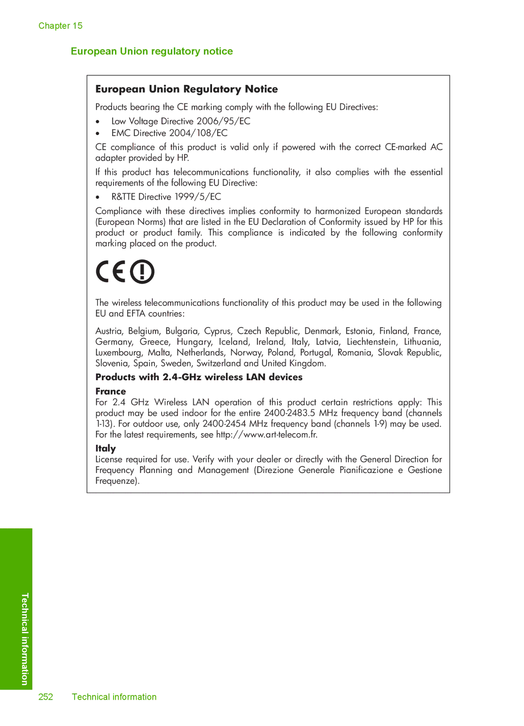 HP C4599, C4580 manual European Union regulatory notice, European Union Regulatory Notice 