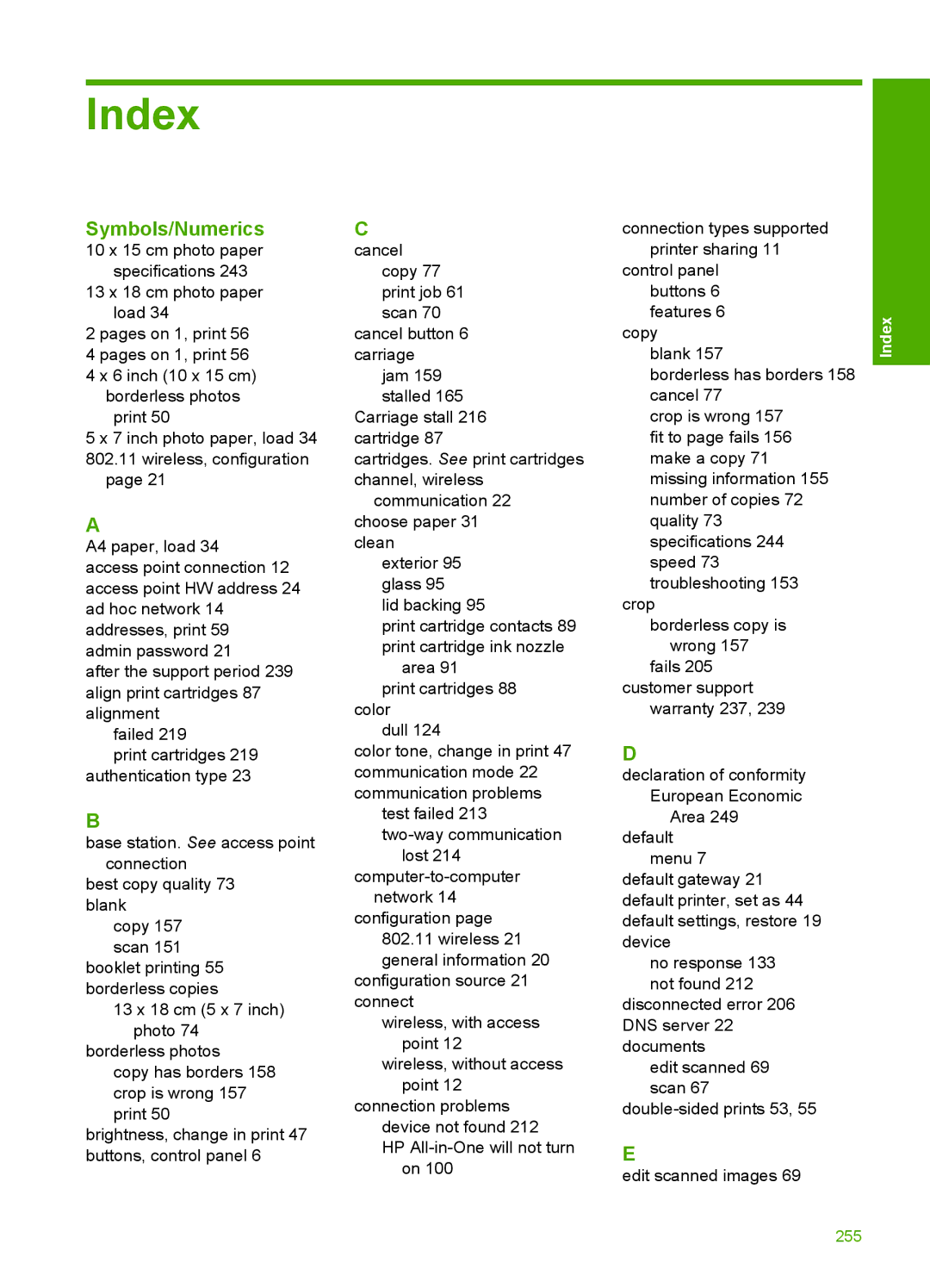 HP C4580, C4599 manual Index, Symbols/Numerics 