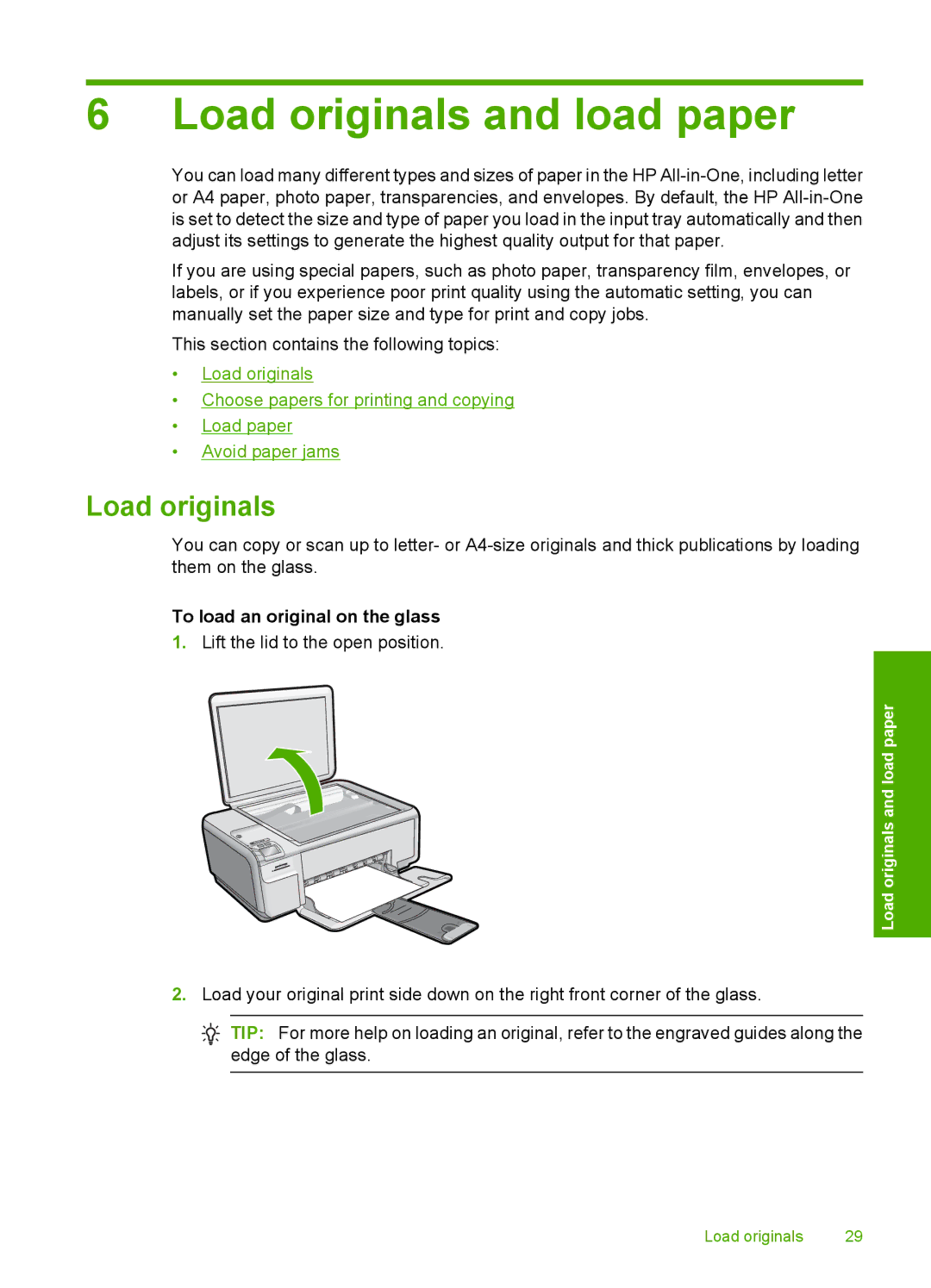 HP C4580, C4599 manual Load originals and load paper, To load an original on the glass 