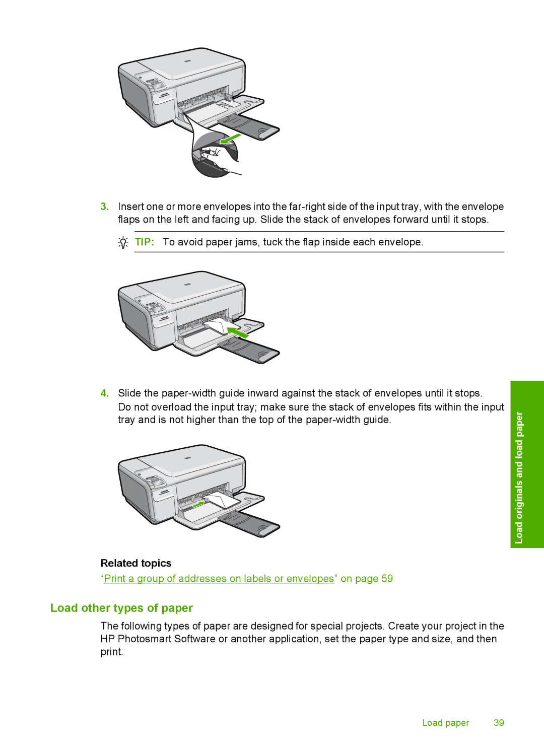 HP C4580, C4599 manual Load other types of paper, Related topics 