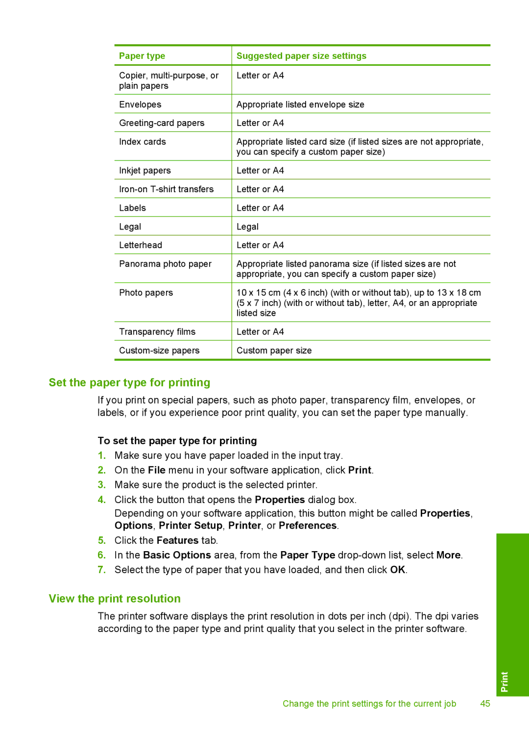 HP C4580, C4599 manual Set the paper type for printing, View the print resolution, To set the paper type for printing 