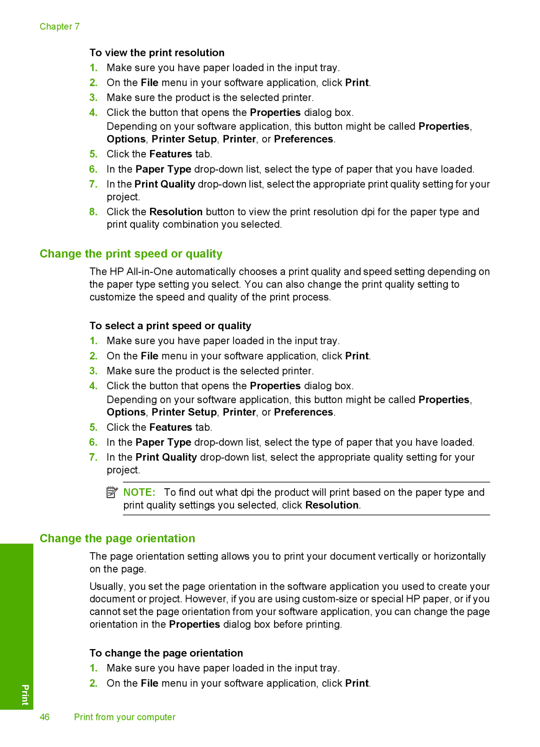 HP C4599, C4580 manual Change the print speed or quality, Change the page orientation, To view the print resolution 