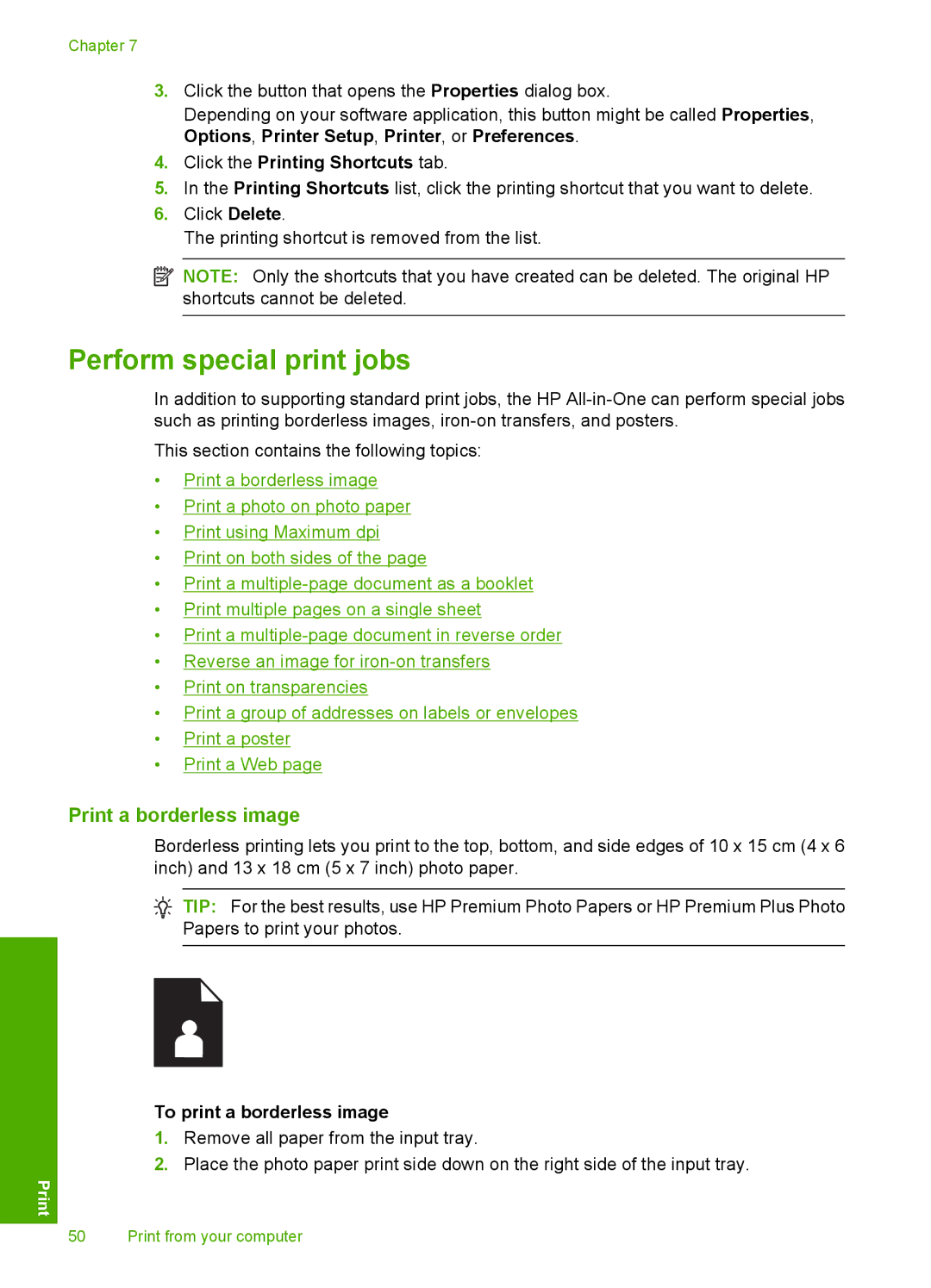 HP C4599, C4580 manual Perform special print jobs, Print a borderless image, To print a borderless image 