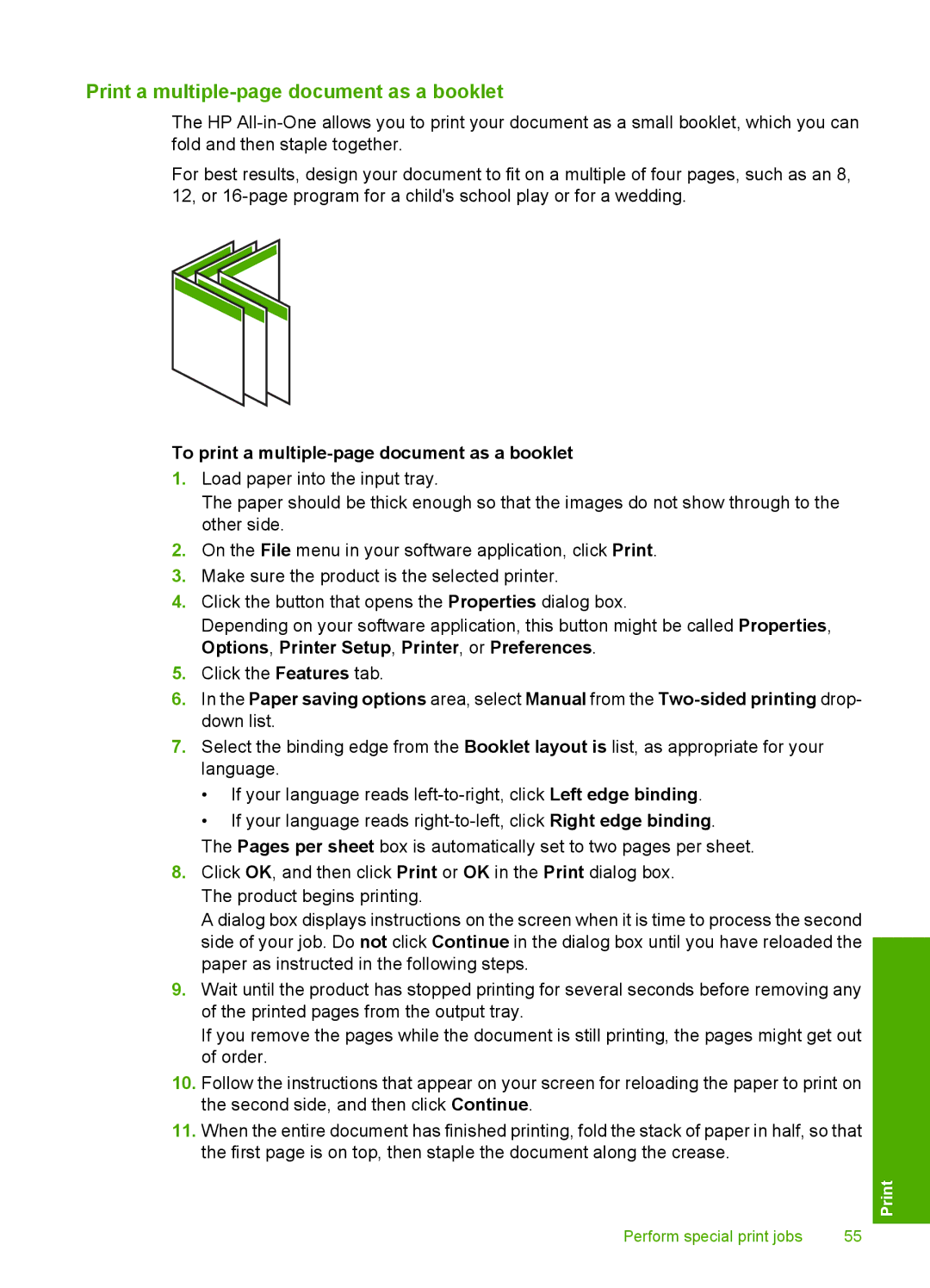 HP C4580, C4599 manual Print a multiple-page document as a booklet, To print a multiple-page document as a booklet 