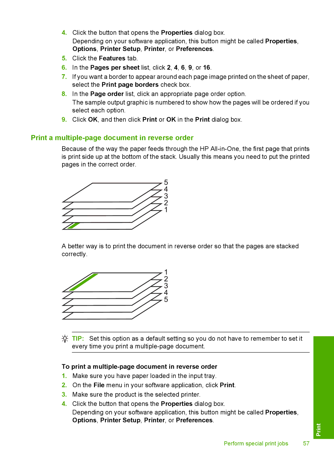 HP C4580, C4599 manual Print a multiple-page document in reverse order, To print a multiple-page document in reverse order 