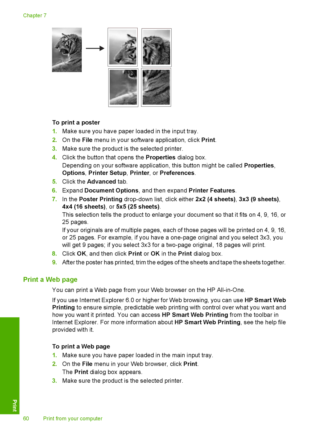 HP C4599, C4580 Print a Web, To print a poster, Expand Document Options, and then expand Printer Features, To print a Web 