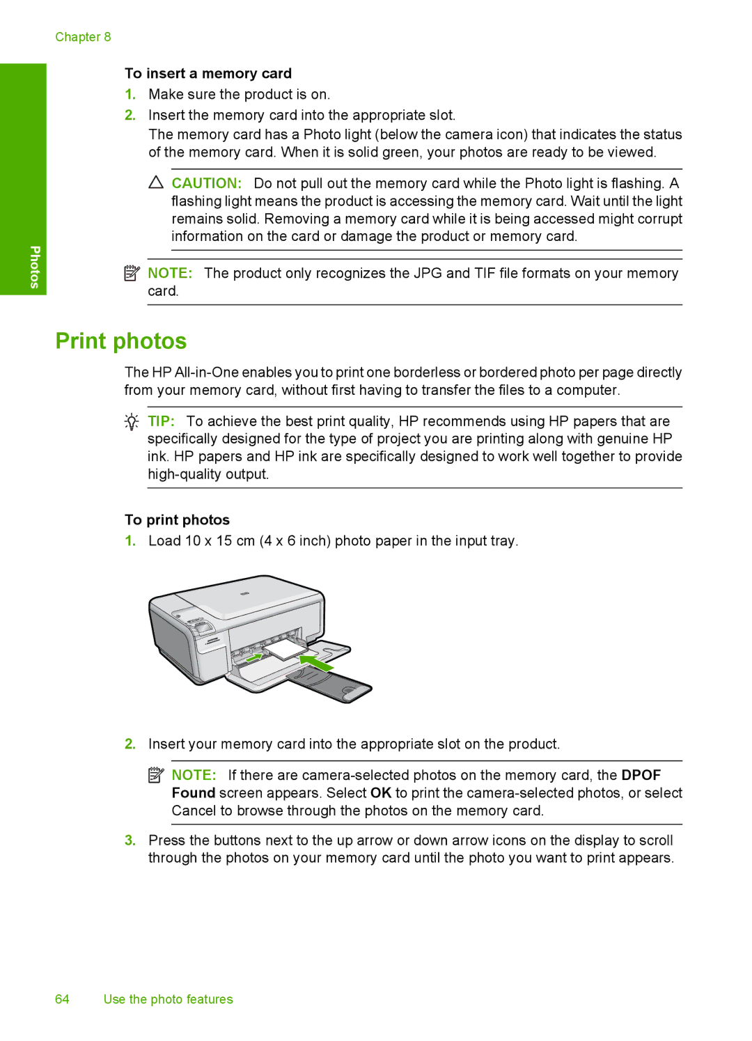 HP C4599, C4580 manual Print photos, To insert a memory card, To print photos 