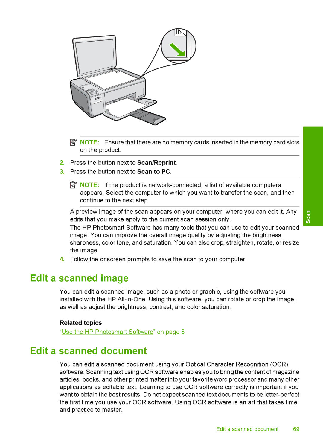 HP C4580, C4599 manual Edit a scanned image, Edit a scanned document 