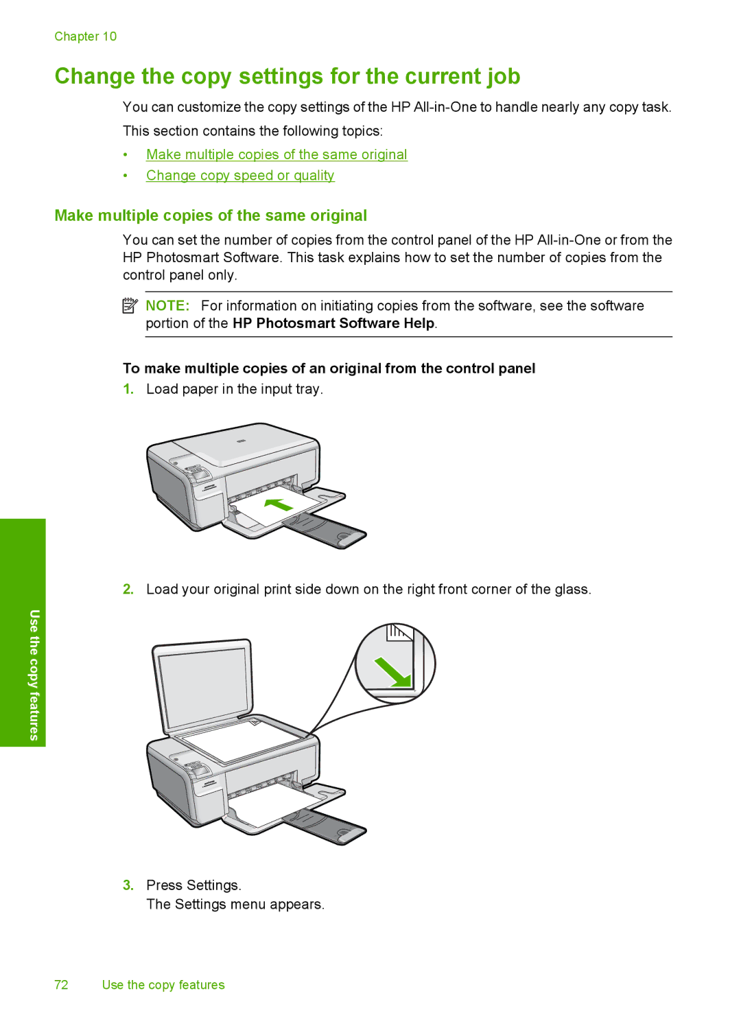 HP C4599, C4580 manual Change the copy settings for the current job, Make multiple copies of the same original 