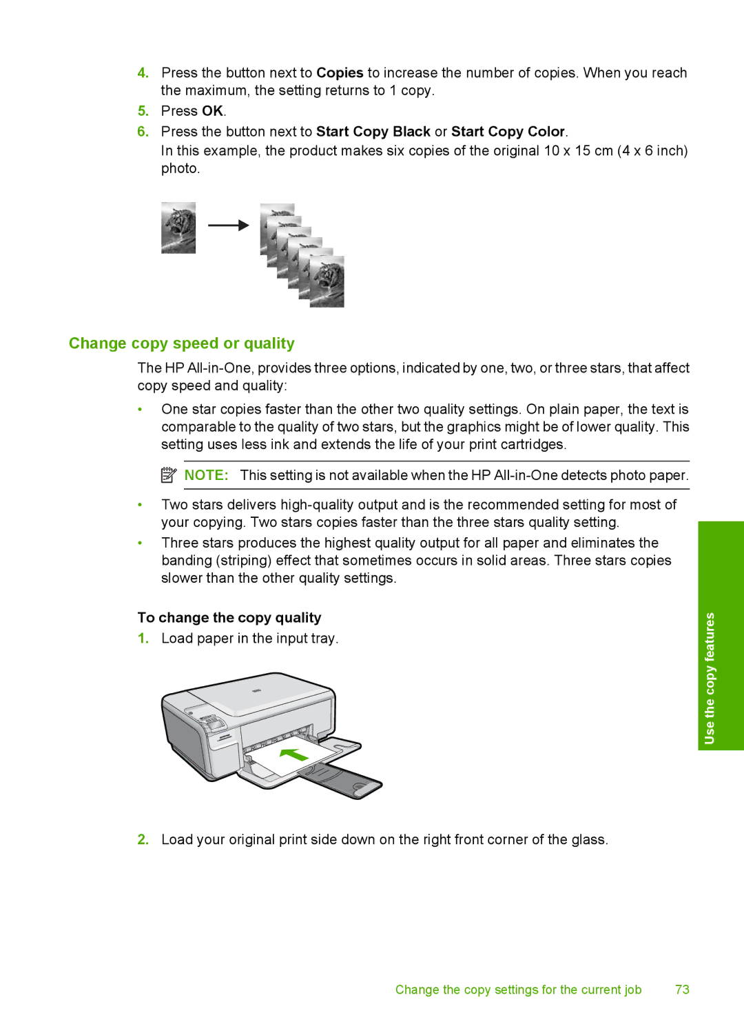 HP C4580, C4599 manual Change copy speed or quality, To change the copy quality 