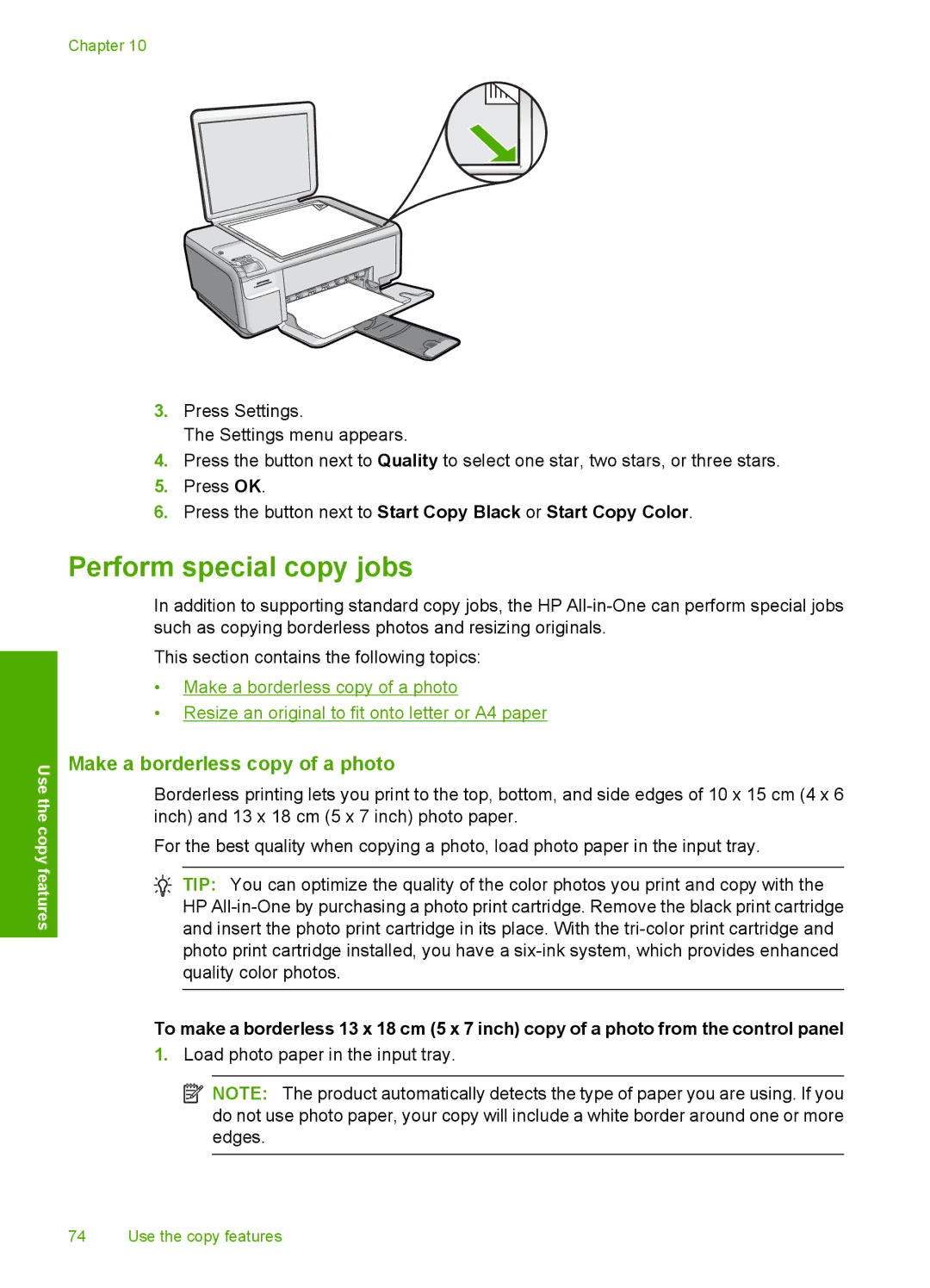 HP C4599, C4580 manual Perform special copy jobs, Make a borderless copy of a photo 