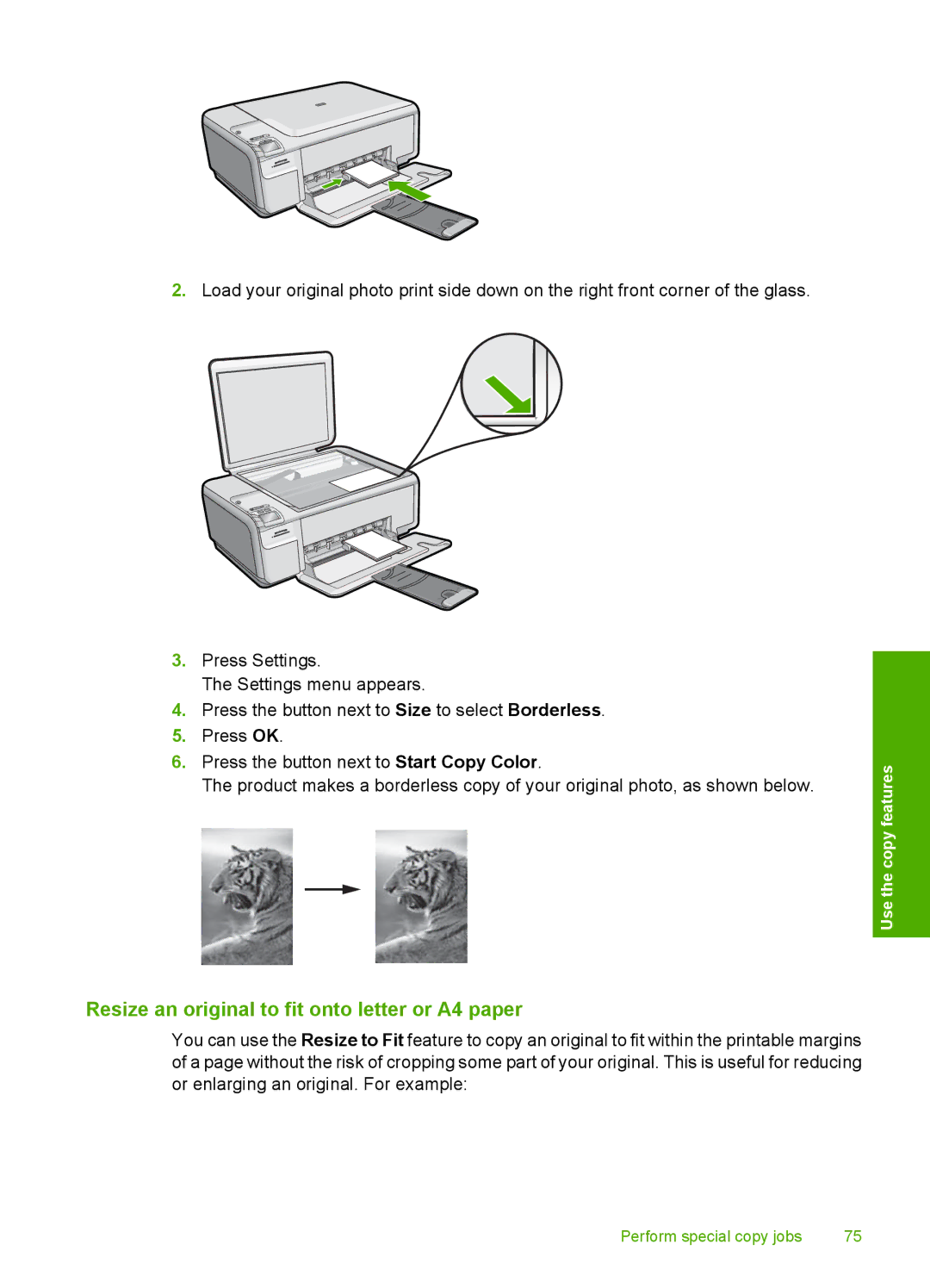 HP C4580, C4599 manual Resize an original to fit onto letter or A4 paper 